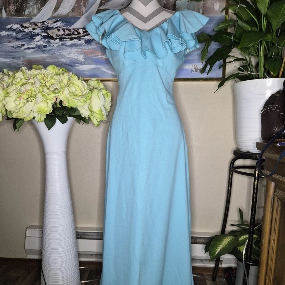 Vintage 1970s Turquoise Maxi Dress with Ruffled Neckline